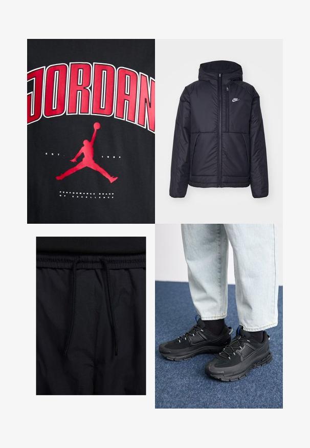 Melna, pufota Nike jaka ar priekšējo rāvējslēdzēju un kapuci. Iezīmēta ar baltu logotipu uz kreisās krūtis un divām priekšējām kabatām. Gluda ārējā tekstūra.; Melna T-kreklu ar uzrakstu "JORDAN" drosmīgā sarkanā krāsā, lektīgas figūras siluets un "EST. 1984" balti zem attēla.; Melni šorti ar sašūtu jostu, viegls audums ar gludu tekstūru un vienkāršs dizains bez redzamiem logotipiem vai paraugiem.; Melni sporta apavi ar strukturētu audumu un gumijas zoli, ar elastīgām auklām un zilu akcentu uz papēža. Nēsāti ar gaišām džinsu biksēm.