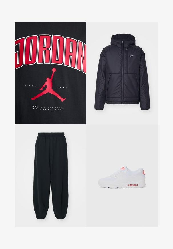 Black, padded Nike jacket with a front zipper and hood. Features a white logo on the left chest and dual front pockets. Smooth exterior texture.; Black t-shirt featuring bold red "JORDAN" text, silhouette of a jumping figure, and "EST. 1984" in white below the graphic.; Black, elasticated-waist sweatpants with a loose fit, cuffed ankles, smooth texture, and no visible patterns or hardware accents.; White athletic sneaker featuring a smooth upper, lace closure, cushioned sole, and a visible air unit with red accents on the branding.