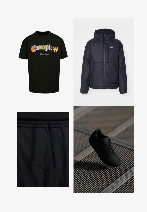Svart, polstret Nike-jakke med frontglidelås og hette. Har en hvit logo på venstre bryst og doble frontlommer. Glatt ytterside.; Svart t-skjorte med korte ermer som har flerfarget, utskåret tekst "Compton Los Angeles" trykt på forsiden. Laget av bomull.; Sorte shorts med snor i livet, lett stoff med en jevn tekstur, og et enkelt design uten synlige logoer eller mønstre.; Svart sneaker med en jevn tekstur, rund tå, snøring foran og subtil merkevare. Vist mot en teksturert, industriell bakgrunn.