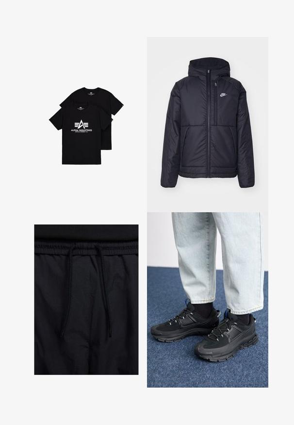 Must musta Nike jope, millel on ees lukuga avamine ja kapuuts. Vasakpoolne rind on kaunistatud valge logoga ning ees on kaks taskut. Sile välimine tekstuur.; Mustad musta puuvillane T-särgid, millel on valge logo koos tähe "A" ja kolme triibuga all. Ümar kaelus ja lühikesed varrukad, paigutatud virna.; Mustad lühikesed püksid, millel on paelaga vöökoht, kerge kangas, mis on sileda tekstuuriga ning lihtne disain ilma nähtavate logode või mustriteta.; Mustad mustad jooksukingad, millel on tekstureeritud kangas ja kummist tallad, elastsed nöörid ning sinine aksent kandadel. Kandmine heledate teksadega.