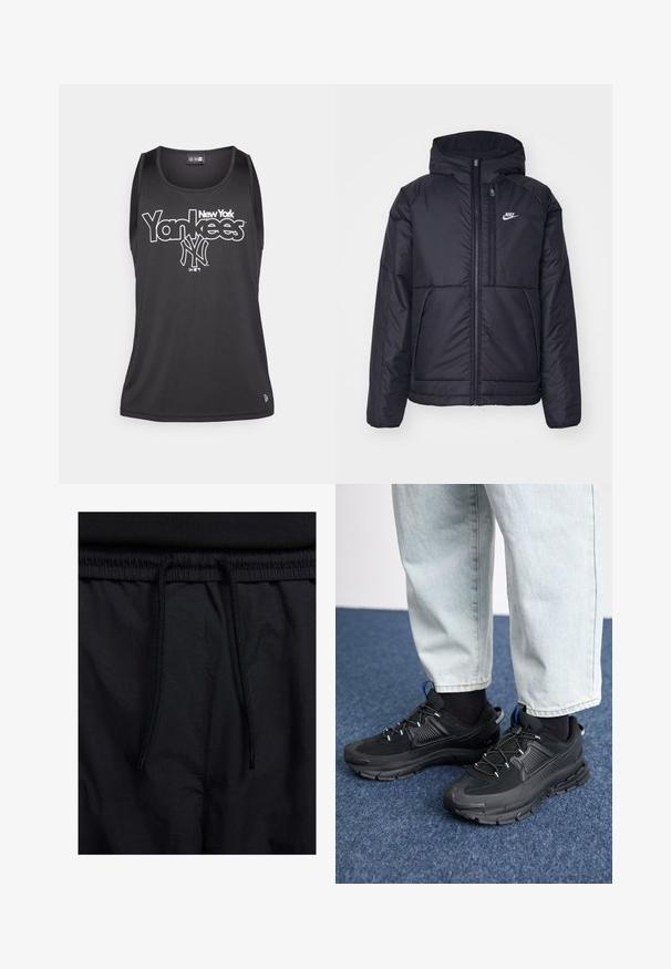 Svart, vadderad Nike-jacka med dragkedja framtill och huva. Har en vit logotyp på vänster bröst och dubbla framfickor. Slät yttextur.; Svart linne med rund halsringning som har texten "New York Yankees" i vitt och en logotyp framtill. Tillverkat av mjukt, lätt tyg.; Svarta shorts med dragsko i midjan, lättviktig tyg med en slät yta och en enkel design utan synliga logotyper eller mönster.; Svarta sportskor med texturerat tyg och gummisulor, med elastiska snörningar och en blå detalj på hälen. Bärs med ljusa jeans.
