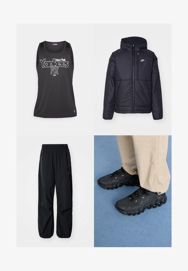 Fekete, párnázott Nike dzseki elülső cipzárral és kapucnival. A bal mellen fehér logó található, valamint két elülső zseb. Simának tűnő külső felület.; Fekete, kerek nyakú tank top, elöl "New York Yankees" felirattal fehér színben és emblémával. Simább, könnyű anyagból készült.; Fekete, könnyű munkásnadrág elasztikus derékrésszel, oldalsó cipzárokkal és tágas zsebekkel. Lazán illeszkedik, és szűkülő bokákkal rendelkezik.; Fekete sportcipők texturált felsőrésszel, ívelt talppal és jellegzetes légpárnákkal az alján. Fűzővel és fényvisszaverő elemekkel rendelkezik.