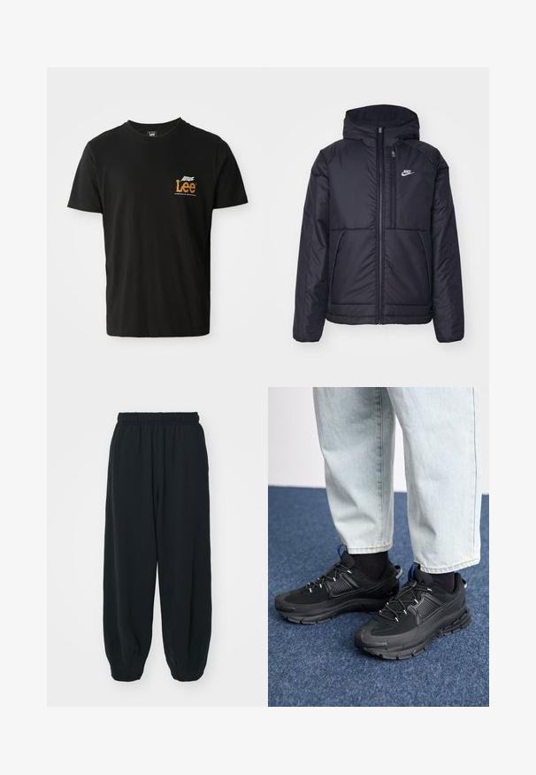 Chaqueta acolchada negra de Nike con cremallera frontal y capucha. Presenta un logo blanco en el lado izquierdo del pecho y dos bolsillos frontales. Textura exterior suave.; Camiseta de algodón negra con mangas cortas, cuello redondo, que presenta un pequeño logo gráfico en naranja y blanco en la parte izquierda del pecho.; Pantalones de chándal negros con cintura elástica, de corte holgado, con puños en los tobillos, textura suave y sin patrones visibles ni acentos metálicos.; Zapatillas deportivas negras con tejido texturizado y suelas de goma, con cordones elásticos y un acento azul en el talón. Combinadas con pantalones de mezclilla claros.