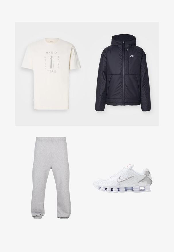 Musta, pehmustettu Nike-takki, jossa on etuvetoketju ja huppu. Vasemmassa rinnassa on valkoinen logo ja takissa on kaksinkertaiset etutaskut. Pintakoe on sileä.; Kerman puuvillapaita, jossa on vaaleanharmaa majakkakuva ja tekstit "MAKIA", "ESTD 2001" ja "TTRS". Lyhyet hihat, pyöreä kaula-aukko.; Harmaat verkkarit, jotka on valmistettu puuvillasekoitteesta, ja niissä on joustava vyötärö, kavennetut lahkeet ja resoroidut helmatt. Yksinkertainen muotoilu ilman kuvioita.; Valkoinen urheilukenkä, jossa on teksturoidusta verkosta valmistettu päällinen, hopeinen Nike-logo, pehmustettu planteeri ja ainutlaatuinen läpinäkyvä muovipohja, jossa on jouset.