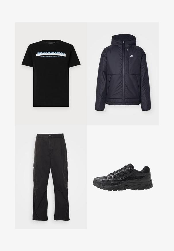 Svart, polstret Nike-jakke med frontglidelås og hette. Har en hvit logo på venstre bryst og doble frontlommer. Glatt ytterside.; Svart bomull T-skjorte med rund hals, med blå og hvit tekst: "DENIM TOM TAILOR etablert to tusen syv."; Svarte cargo-bukser med rette bein, med to sidelommer, knappelukking og et strukturert stoff.; Svart idrettssko med overdel i mesh og syntetisk materiale, teksturert overflate, snøring og et mønstret gummisåle for grep.