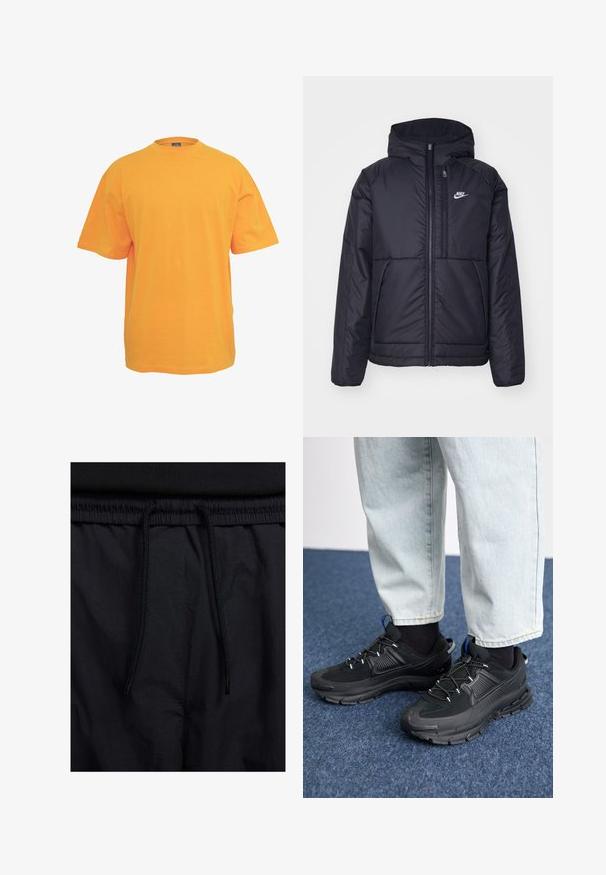 Chaqueta acolchada negra de Nike con cremallera frontal y capucha. Presenta un logo blanco en el lado izquierdo del pecho y dos bolsillos frontales. Textura exterior suave.; Camiseta de algodón naranja con cuello redondo, mangas cortas y un corte holgado. Sin patrones ni acentos. Textura suave.; Pantalones cortos negros con cinturilla ajustable, tejido ligero con una textura suave y un diseño sencillo sin logotipos visibles ni patrones.; Zapatillas deportivas negras con tejido texturizado y suelas de goma, con cordones elásticos y un acento azul en el talón. Combinadas con pantalones de mezclilla claros.