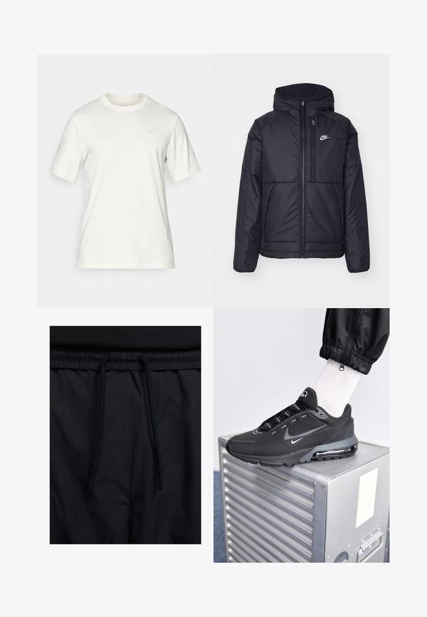 Chaqueta acolchada negra de Nike con cremallera frontal y capucha. Presenta un logo blanco en el lado izquierdo del pecho y dos bolsillos frontales. Textura exterior suave.; Camiseta de algodón blanca de cuello redondo con mangas cortas, que presenta un pequeño logo en la parte superior del lado izquierdo del pecho. Textura suave, diseño básico.; Pantalones cortos negros con cinturilla ajustable, tejido ligero con una textura suave y un diseño sencillo sin logotipos visibles ni patrones.; Nike Sportswear PULSE - Zapatillas - black/anthracite