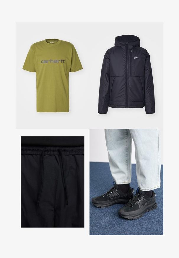 Schwarze, gepolsterte Nike-Jacke mit Frontreißverschluss und Kapuze. Hat ein weißes Logo auf der linken Brust und zwei Fronttaschen. Glattes äußeres Material.; Olivgrünes Baumwoll-T-Shirt mit rundem Halsausschnitt und kurzen Ärmeln, mit einem blauen "carhartt."-Logo über der Brust.; Schwarze Shorts mit einem Kordelzugbund, leichtem Stoff mit glatter Textur und einem schlichten Design ohne sichtbare Logos oder Muster.; Schwarze Sportschuhe aus strukturiertem Stoff mit Gummisohlen, ausgestattet mit elastischen Schnürsenkeln und einem blauen Akzent an der Ferse. Getragen mit hellen Jeans.