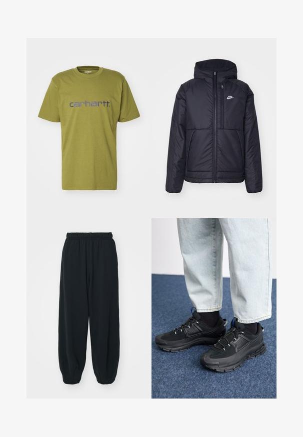 Veste Nike noire rembourrée avec une fermeture éclair sur le devant et une capuche. Elle présente un logo blanc sur la poitrine gauche et deux poches avant. Texture extérieure lisse.; T-shirt en coton vert olive avec un col rond et des manches courtes, arborant un logo "carhartt." bleu sur la poitrine.; Pantalons de survêtement noirs avec taille élastiquée, coupe ample, chevilles côtelées, texture lisse et sans motifs ni accents matériels visibles.; Des chaussures de sport noires avec un tissu texturé et des semelles en caoutchouc, dotées de lacets élastiques et d'un accent bleu au talon. Portées avec un pantalon en denim clair.