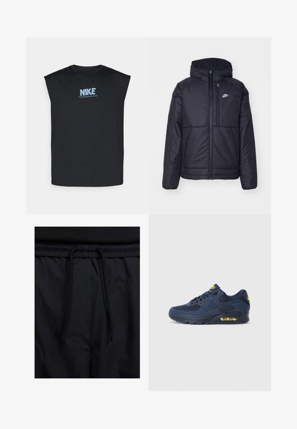 Μαύρο, επενδυμένο μπουφάν Nike με μπροστινό φερμουάρ και κουκούλα. Διαθέτει λευκό λογότυπο στο αριστερό στήθος και διπλές μπροστινές τσέπες. Λείο εξωτερικό υλικό.; Μαύρη αμάνικη μπλούζα από βαμβάκι, με μπλε και λευκό λογότυπο Nike και κείμενο "Η ΝΙΚΗ ΜΑΣ ΑΝΗΚΕΙ" μπροστά.; Μαύρο σορτσάκι με ζωνάκι που ρυθμίζεται, ελαφρύ ύφασμα με απλή υφή και απλό σχέδιο χωρίς ορατά λογότυπα ή μοτίβα.; Ναυτικό μπλε Nike Air Max παπούτσια με σουέτ και διχτυωτό επάνω μέρος, με κίτρινες λεπτομέρειες, δέσιμο μπροστά και ορατή αεροστρώση στην σόλα.