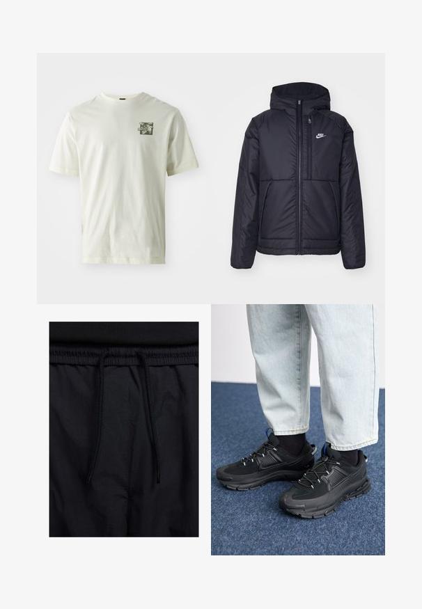 Must musta Nike jope, millel on ees lukuga avamine ja kapuuts. Vasakpoolne rind on kaunistatud valge logoga ning ees on kaks taskut. Sile välimine tekstuur.; Kreemivärviline puuvillane T-särk, millel on roheline graafika vasakul rinnal, klassikalise ümarka kaelus ja lühikesed varrukad.; Mustad lühikesed püksid, millel on paelaga vöökoht, kerge kangas, mis on sileda tekstuuriga ning lihtne disain ilma nähtavate logode või mustriteta.; Mustad mustad jooksukingad, millel on tekstureeritud kangas ja kummist tallad, elastsed nöörid ning sinine aksent kandadel. Kandmine heledate teksadega.