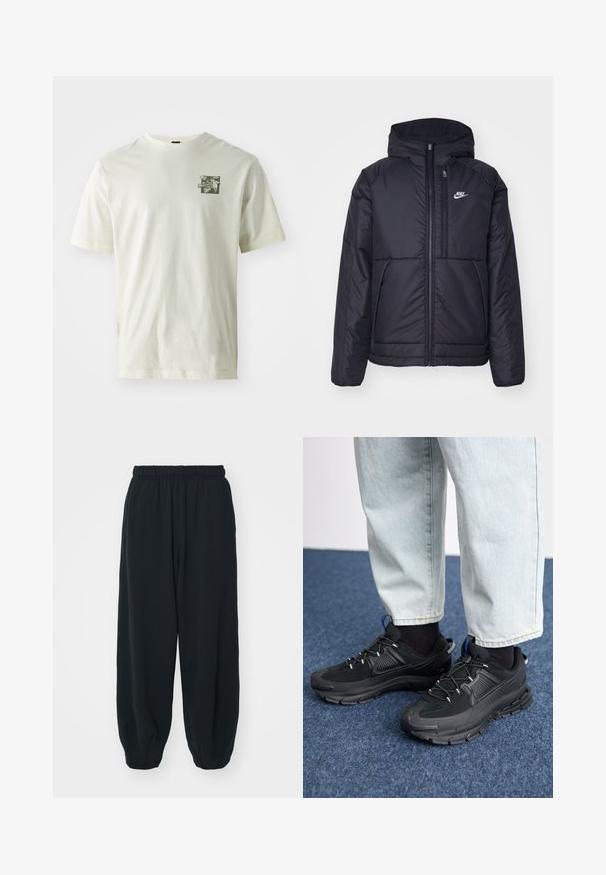 Sort, polstret Nike-jakke med frontlynlås og hætte. Har et hvidt logo på venstre bryst og to frontlommer. Glat ydre tekstur.; Cremefarvet bomulds T-shirt med et grønt grafisk print på venstre bryst, klassisk rund hals og korte ærmer.; Sorte svedbukser med elastisk talje, løs pasform, afsluttede ankler, glat tekstur og uden synlige mønstre eller hardware-detaljer.; Sorte træningssko med tekstureret stof og gummisåler, udstyret med elastiske snørebånd og en blå detalje på hælen. Bæres med lyse denimbukser.