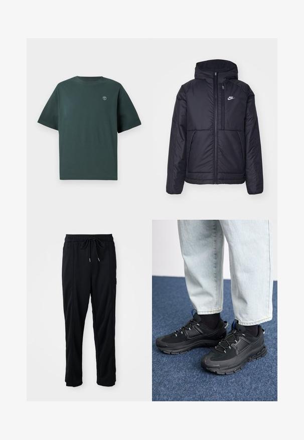 Must musta Nike jope, millel on ees lukuga avamine ja kapuuts. Vasakpoolne rind on kaunistatud valge logoga ning ees on kaks taskut. Sile välimine tekstuur.; Tume roheline puuvillane t-särk lühikeste varrukatega, ümmargune kaelus ja väike helesinine logo vasakul rinnal. Sile tekstuur, mugav lõige.; Mustad nööridega vööga igapäevased mustad püksid, külgseamipocketid ja sirge sääre lõikega, ühtlasel taustal.; Mustad mustad jooksukingad, millel on tekstureeritud kangas ja kummist tallad, elastsed nöörid ning sinine aksent kandadel. Kandmine heledate teksadega.