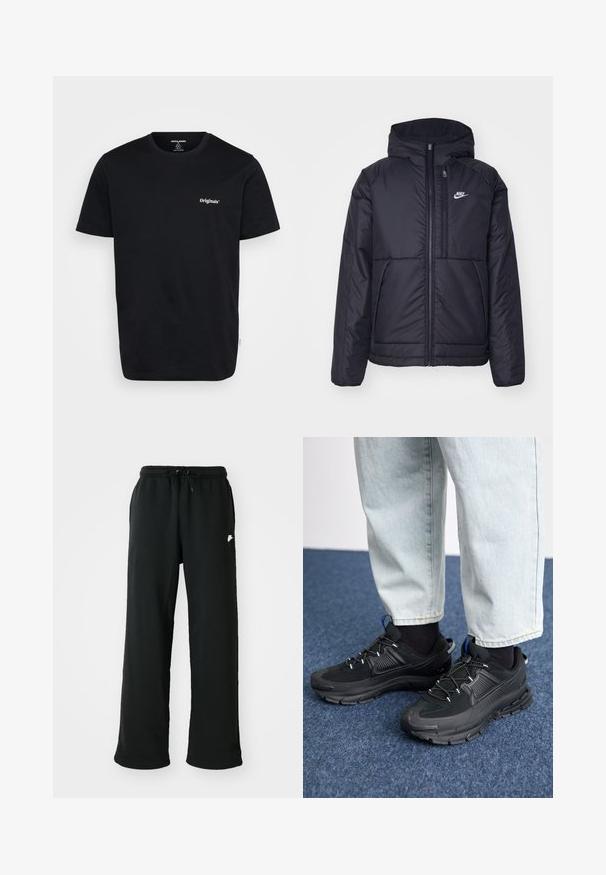 Fekete, párnázott Nike dzseki elülső cipzárral és kapucnival. A bal mellen fehér logó található, valamint két elülső zseb. Simának tűnő külső felület.; Fekete pamut póló rövid ujjakkal, kerek nyakkivágással és fehér "Originals" logóval a mellkason. Sima tapintás, normál fazon.; Fekete melegítőnadrág, puha anyagból készült, elasztikus derékkal és állítható húzózsinórral, valamint egy kis logós díszítéssel az oldalon.; Fekete sportcipők texturált anyaggal és gumitalppal, elasztikus fűzőkkel és kék kiegészítővel a saroknál. Világos farmernadrággal viselve.