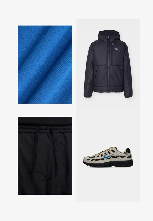 Svart, vadderad Nike-jacka med dragkedja framtill och huva. Har en vit logotyp på vänster bröst och dubbla framfickor. Slät yttextur.; Blått tyg med en slät textur och ett enhetligt stickat mönster, med diagonala veck som framhäver dess följsamhet och färgvariation.; Svarta shorts med dragsko i midjan, lättviktig tyg med en slät yta och en enkel design utan synliga logotyper eller mönster.; Beige och svart Nike P-6000 sneaker med blå swoosh, gula snören, svart sula och Cordura-tyg etikett på hälen.