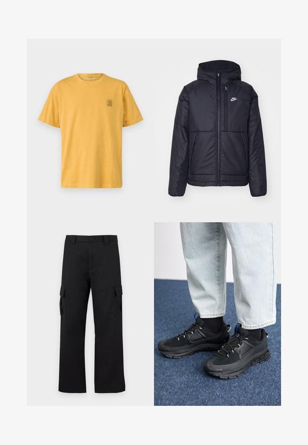 Giacca Nike nera, imbottita, con zip frontale e cappuccio. Presenta un logo bianco sul lato sinistro del petto e doppie tasche frontali. Texture esterna liscia.; T-shirt a maniche corte e collo rotondo in tessuto giallo senape. Presenta una piccola patch quadrata del logo sul lato sinistro del petto. Texture in cotone morbido.; Pantaloni cargo neri con design a gamba dritta. Realizzati in tessuto resistente, dotati di due tasche laterali con chiusura a pattina e chiusura con bottone.; Scarpe sportive nere con tessuto testurizzato e suole in gomma, dotate di lacci elastici e un accento blu sul tallone. Indossate con pantaloni in denim chiaro.