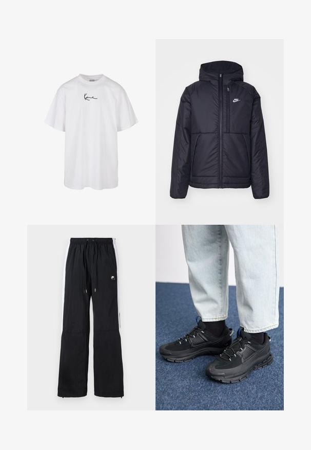 Juodas, paminkštintas Nike džemperis su priekyje užtrauktuku ir gobtuvu. Pasižymi balta logo kairėje krūtinės pusėje ir dviem priekinėmis kišenėmis. Su lygiu išoriniu paviršiumi.; Balta medvilninė marškinėliai su apvalia iškirpte ir trumpomis rankovėmis, centre krūtinėje turi juodą siuvinėtą logotipą.; Juodi sportiniai kelnės su elastine juosta, baltomis šoninėmis juostelėmis, užtrauktukais ant apačios ir guminėmis logotipo detalėmis priekyje.; Juodi sportiniai bateliai su tekstūruota medžiaga ir guminiais padais, su elastingomis raišteliais ir mėlynu akcentu ant kulno. Dėvimi su šviesiai mėlynomis džinsinėmis kelnėmis.