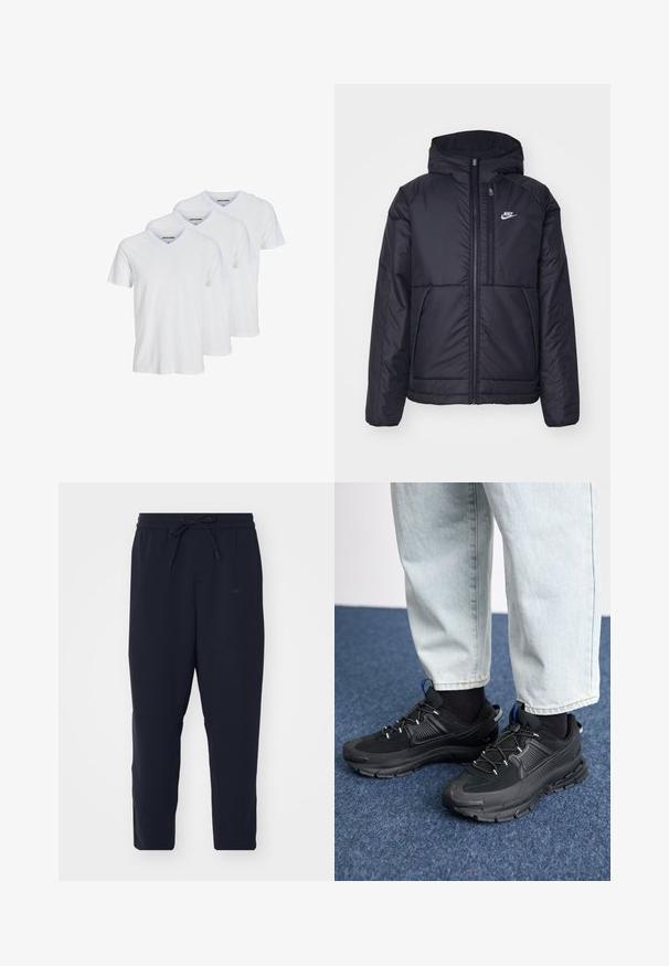 Fekete, párnázott Nike dzseki elülső cipzárral és kapucnival. A bal mellen fehér logó található, valamint két elülső zseb. Simának tűnő külső felület.; Három fehér, rövid ujjú V nyakú pamut póló, egyszerű kialakítással, kontraszt színű nyakkivágással és diszkrét márk логóval a belsejében.; Tengerészeti kék joggerek puha anyagból, rugalmas derékkal és húzózsinórral, szűkülő lábakkal és oldalsó zsebekkel.; Fekete sportcipők texturált anyaggal és gumitalppal, elasztikus fűzőkkel és kék kiegészítővel a saroknál. Világos farmernadrággal viselve.