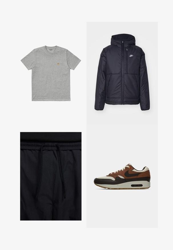 Černá zateplená bunda Nike s předním zipem a kapucí. Na levé straně hrudi má bílé logo a dvojité přední kapsy. Hladký povrch.; Carhartt WIP CHASE - Jednoduché tričko - grey; Černé šortky s páskem na šňůrku, lehký materiál s hladkou texturou a jednoduchý design bez viditelných log nebo vzorů.; Hnědé, krémové a černé Nike Air Max tenisky s viditelnou vzduchovou bublinou a šněrovacím designem, zobrazené v bočním profilu na bílém pozadí.