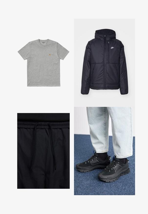 Chaqueta acolchada negra de Nike con cremallera frontal y capucha. Presenta un logo blanco en el lado izquierdo del pecho y dos bolsillos frontales. Textura exterior suave.; Carhartt WIP CHASE - Camiseta básica - grey; Pantalones cortos negros con cinturilla ajustable, tejido ligero con una textura suave y un diseño sencillo sin logotipos visibles ni patrones.; Zapatillas deportivas negras con tejido texturizado y suelas de goma, con cordones elásticos y un acento azul en el talón. Combinadas con pantalones de mezclilla claros.