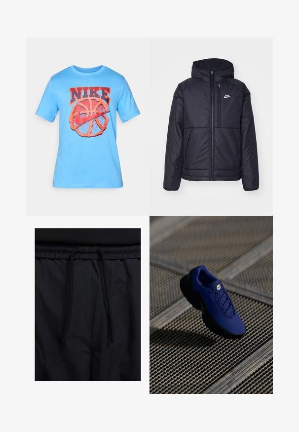 Črna, podložena Nike jakna z sprednjim zadrgo in kapuco. Ima bel logo na levem prsnem delu in dvojna sprednja žepa. Gladka zunanja tekstura.; Svijetloplava pamučna majica s kratkim rukavima, koja sadrži veliki narančasti Nike logo preko grafike košarke, s okruglim izrezom.; Črne kratke hlače z vrvico v pasu, lahkotna tkanina z gladko teksturo in preprosto zasnovo brez vidnih logotipov ali vzorcev.; Modra atletska obutev z teksturirano zgornjostjo, črnimi podplati in vezalkami. Vsebuje 'air' blagovno znamko na jezičku in vidne elemente zračne blazinice.