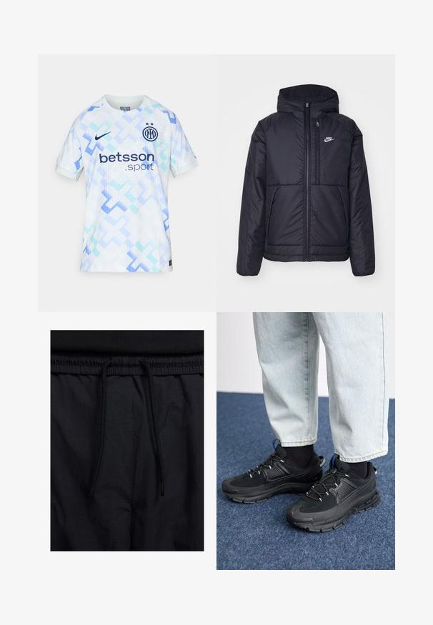 Giacca Nike nera, imbottita, con zip frontale e cappuccio. Presenta un logo bianco sul lato sinistro del petto e doppie tasche frontali. Texture esterna liscia.; Maglia da calcio azzurro chiaro e bianco con motivi geometrici, logo Nike e "betsson.sport" stampato sulla parte anteriore. Design a maniche corte.; Shorts neri con vita regolabile tramite coulisse, tessuto leggero con una texture liscia e un design semplice senza loghi o motivi visibili.; Scarpe sportive nere con tessuto testurizzato e suole in gomma, dotate di lacci elastici e un accento blu sul tallone. Indossate con pantaloni in denim chiaro.