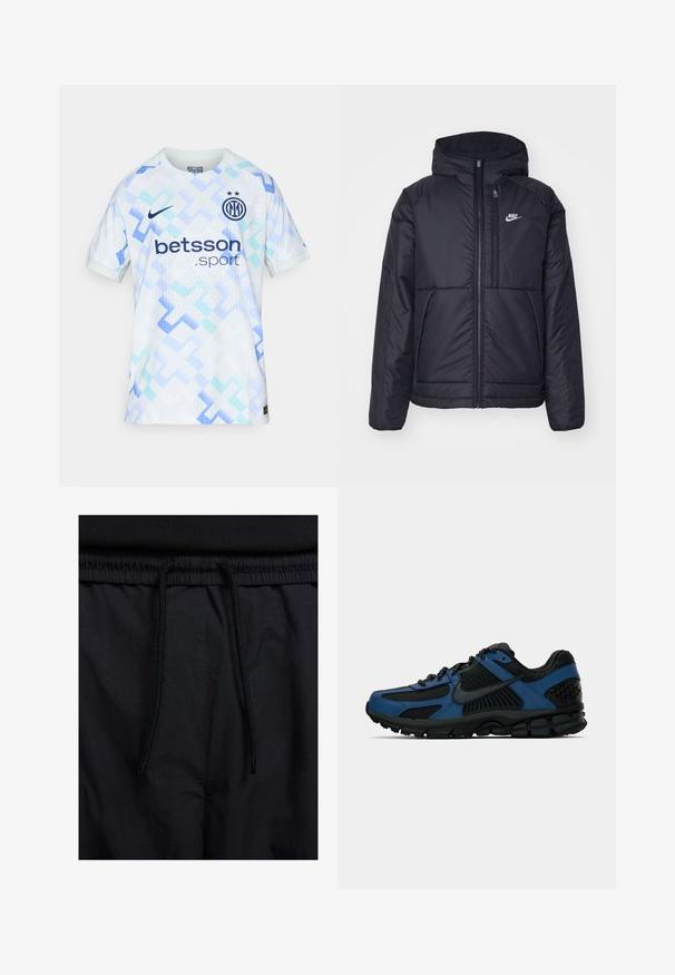 Fekete, párnázott Nike dzseki elülső cipzárral és kapucnival. A bal mellen fehér logó található, valamint két elülső zseb. Simának tűnő külső felület.; Világoskék és fehér focimez geometriai mintákkal, Nike logóval és "betsson.sport" felirattal az elején. Rövid ujjú kivitel.; Fekete rövidnadrág, húzózsinórral ellátott derékrésszel, könnyű anyagból, sima felszínen, egyszerű dizájnnal, látható logók vagy minták nélkül.; Fekete és kék alacsony szárú sportcipő, texturált talppal, hálós és szintetikus felsőrésszel, valamint fekete Nike pálcával az oldalon.