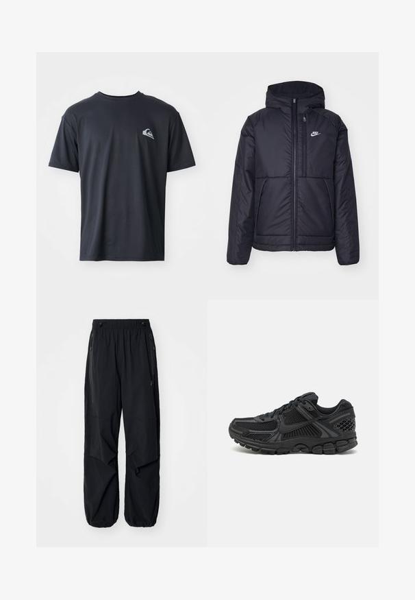 Must musta Nike jope, millel on ees lukuga avamine ja kapuuts. Vasakpoolne rind on kaunistatud valge logoga ning ees on kaks taskut. Sile välimine tekstuur.; Must svart lühikeste varrukatega T-särk, mis on valmistatud siledast kangast ja millel on vasakul rinnal väike valge logo. Tavaline lõige ja ümmargune kaelus.; Mustad mustad cargo püksid elastse vöökoha, külgzippide ja avarate taskutega. Omab laia lõiget ja kitsenevaid sääreotsasid.; Musta spordijalats, millel on võrgust ülemine osa, kummist tallad ja tekstureeritud detailid. Disain sisaldab silmapaistvat lõngasüsteemi ja pehmendatud tallaid.
