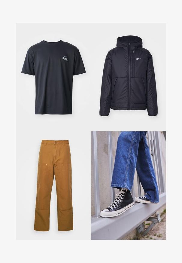 Čierna, polstrovaná bunda Nike so zipsom vpredu a kapucňou. Na ľavej strane hrude sa nachádza biele logo a sú tu dva predné vrecká. Hladký vonkajší povrch.; Čierne tričko s krátkym rukávom vyrobené z hladkej tkaniny, s malým bielym logom na ľavej strane hrudníka. Bežný strih s okrúhlym výstrihom.; Hnedé bavlnené utility nohavice so strihom rovného nohu, ktoré obsahujú predné vrecká a kovové detaily pre zvýšenú odolnosť.; Čierne vysoké tenisky s bielou podrážkou a šnúrkami, kombinované so voľnými modrými riflami, položené na sivej zábradlí.