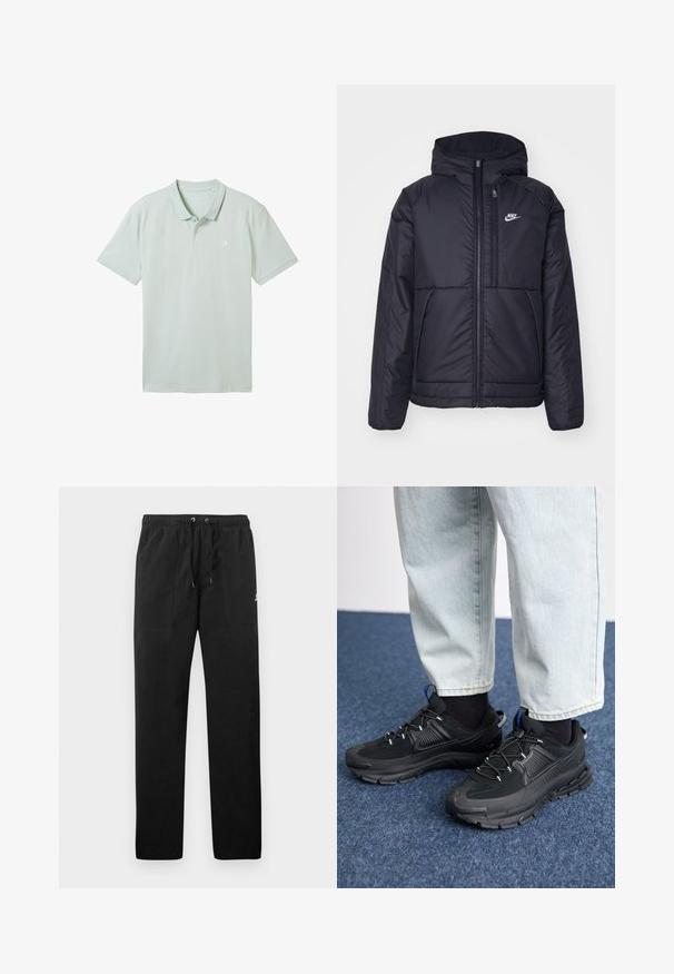 Čierna, polstrovaná bunda Nike so zipsom vpredu a kapucňou. Na ľavej strane hrude sa nachádza biele logo a sú tu dva predné vrecká. Hladký vonkajší povrch.; TOM TAILOR DENIM MIT LOGO - Polokošeľa - sea foam; Čierne teplákové nohavice vyrobené z flísu, s elastickým pásom a šnúrkami na zaväzovanie, dvoma prednými vreckami a malým logom na stehne.; Čierne športové topánky s textúrovanou tkaninou a gumovou podrážkou, so elastickými šnúrkami a modrým akcentom na päte. Nosia sa s svetlými riflami.