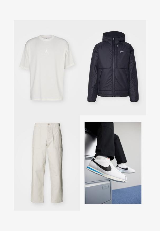 Fekete, párnázott Nike dzseki elülső cipzárral és kapucnival. A bal mellen fehér logó található, valamint két elülső zseb. Simának tűnő külső felület.; Fehér, pamut póló kerek nyakkivágással, rövid ujjakkal és középen egy kis hímzett logóval. Laza szabású dizájn, minimális varrással.; Világos bézs, bő szárú nadrág, pamutból készült. Elöl zsebekkel és gombos záródással rendelkezik. Simított textúrájú, finom függőleges csíkokkal.; Fehér bőr sportcipő fekete Nike logóval, világoskék és szürke gumitalppal, valamint klasszikus fűzős kialakítással. A lábak egy iratmegőrző szekrényen pihennek.