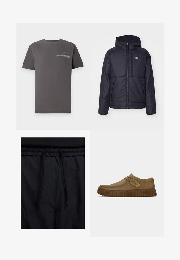Svart, polstret Nike-jakke med frontglidelås og hette. Har en hvit logo på venstre bryst og doble frontlommer. Glatt ytterside.; Grå bomull T-skjorte med korte ermer, rund hals, en liten trykt design på brystet, med tekst og en stripete detalj.; Sorte shorts med snor i livet, lett stoff med en jevn tekstur, og et enkelt design uten synlige logoer eller mønstre.; Lys brun semsket skinnsko med rundt tå, sydd detaljer og en ribbet brun gummisåle. Har en sideetikett med "Clarks"-logo.