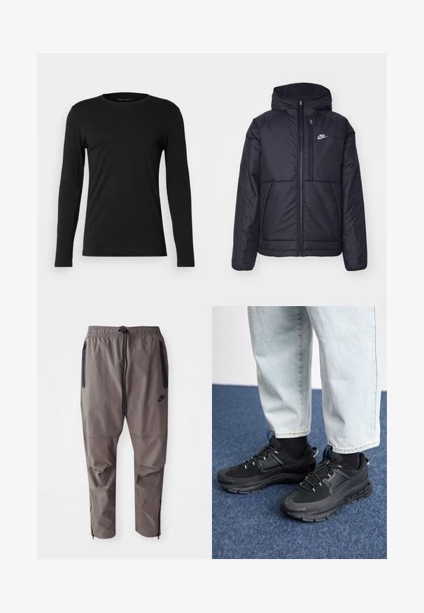 Schwarze, gepolsterte Nike-Jacke mit Frontreißverschluss und Kapuze. Hat ein weißes Logo auf der linken Brust und zwei Fronttaschen. Glattes äußeres Material.; Schwarzes Langarm-T-Shirt aus weichem Stoff. Mit Rundhalsausschnitt und figurbetonter Silhouette, ohne sichtbare Grafiken oder Verzierungen.; Graue Nike-Hosen mit einem elastischen Bund, Kordelzug, seitlichen Reißverschlusstaschen und Reißverschlüssen an den Knöcheln für eine verstellbare Passform.; Schwarze Sportschuhe aus strukturiertem Stoff mit Gummisohlen, ausgestattet mit elastischen Schnürsenkeln und einem blauen Akzent an der Ferse. Getragen mit hellen Jeans.