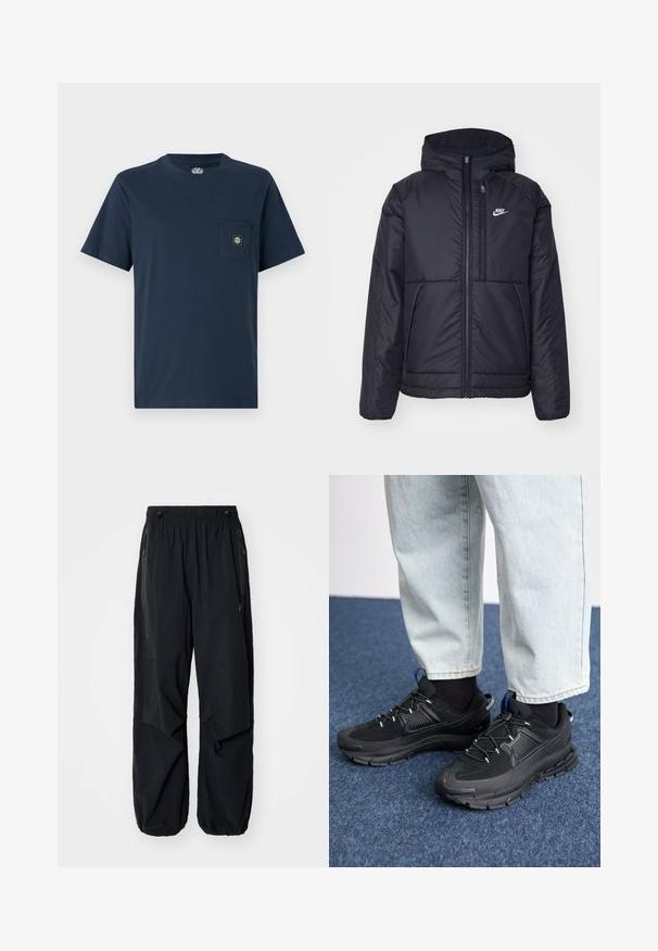 Giacca Nike nera, imbottita, con zip frontale e cappuccio. Presenta un logo bianco sul lato sinistro del petto e doppie tasche frontali. Texture esterna liscia.; T-shirt in cotone blu navy con maniche corte, collo rotondo e taschino sul petto con una patch quadrata del logo. Texture liscia, design casual.; Pantaloni cargo leggeri neri con elastico in vita, zip laterali e tasche ampie. Caratterizzati da una vestibilità comoda e fondi a gamba affusolata.; Scarpe sportive nere con tessuto testurizzato e suole in gomma, dotate di lacci elastici e un accento blu sul tallone. Indossate con pantaloni in denim chiaro.