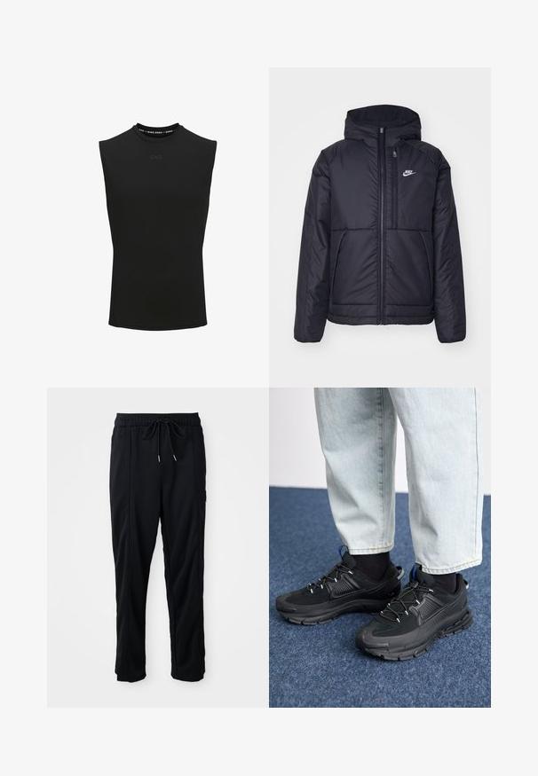 Juodas, paminkštintas Nike džemperis su priekyje užtrauktuku ir gobtuvu. Pasižymi balta logo kairėje krūtinės pusėje ir dviem priekinėmis kišenėmis. Su lygiu išoriniu paviršiumi.; Juodas be rankovių sportinis marškinėliai su aukštu kaklu ir mažu "CNZ" logotipu priekinėje centro dalyje.; Juodos laisvos kelnės su raišteliu liemens, šoninėmis kišenėmis ir tiesiu kirpimu ant vienodos fono.; Juodi sportiniai bateliai su tekstūruota medžiaga ir guminiais padais, su elastingomis raišteliais ir mėlynu akcentu ant kulno. Dėvimi su šviesiai mėlynomis džinsinėmis kelnėmis.