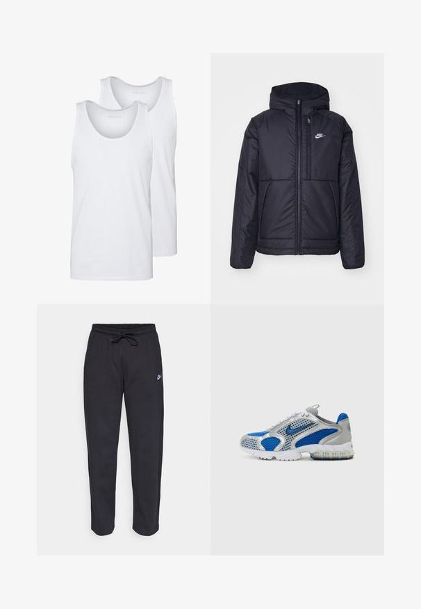 Čierna, polstrovaná bunda Nike so zipsom vpredu a kapucňou. Na ľavej strane hrude sa nachádza biele logo a sú tu dva predné vrecká. Hladký vonkajší povrch.; Biele bavlnené tielka s okrúhlym výstrihom, s hladkým povrchom. Zobrazené sú dva kusy, označené "PIER ONE."; Čierne tepláky vyrobené z mäkkej tkaniny s elastickým pásom, sťahovacou šnúrkou a malým logom Nike na ľavom stehne.; Modré a strieborné športové topánky s priedušnými panelmi, polstrovaným golierom a priehľadnou podrážkou s modrými akcentmi. Kontrastné šnúrky dotvárajú dizajn.