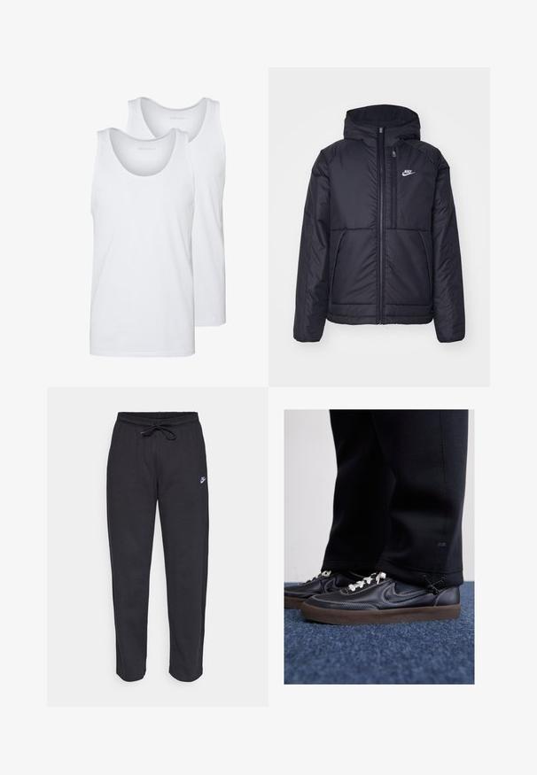 Black, padded Nike jacket with a front zipper and hood. Features a white logo on the left chest and dual front pockets. Smooth exterior texture.; White cotton tank tops with rounded necklines, featuring a smooth texture. Two pieces displayed, labeled "PIER ONE."; Black sweatpants made of soft fabric with an elastic waistband, drawstring, and a small Nike logo on the left thigh.; Nike Sportswear KILLSHOT 2 LTR PRM OPP2 - Trainers - black sail baroque brown mtlc dk grey