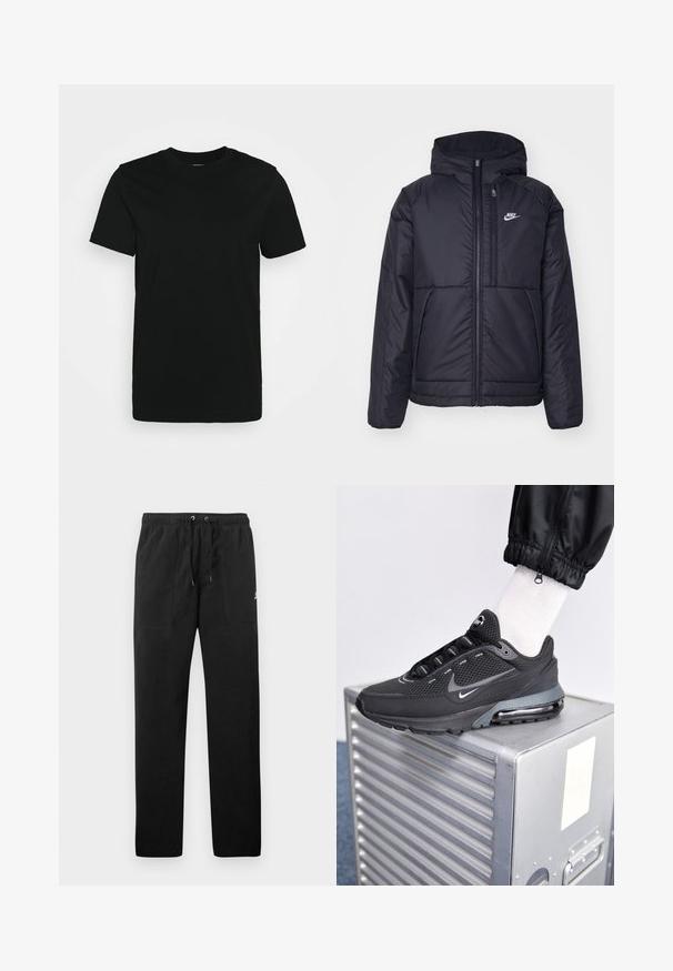 Czarna, pikowana kurtka Nike z przednim zamkiem błyskawicznym i kapturem. Posiada białe logo po lewej stronie klatki piersiowej oraz podwójne kieszenie z przodu. Gładka struktura zewnętrzna.; Czarna krótki rękaw T-shirt wykonany z gładkiej bawełnianej tkaniny, z okrągłym dekoltem i prostym wzornictwem bez wzorów czy akcentów.; Czarne spodnie dresowe z polaru, z elastycznym paskiem w talii ze sznurkiem, dwiema przednimi kieszeniami oraz małym logo na udzie.; Nike Sportswear PULSE czarny