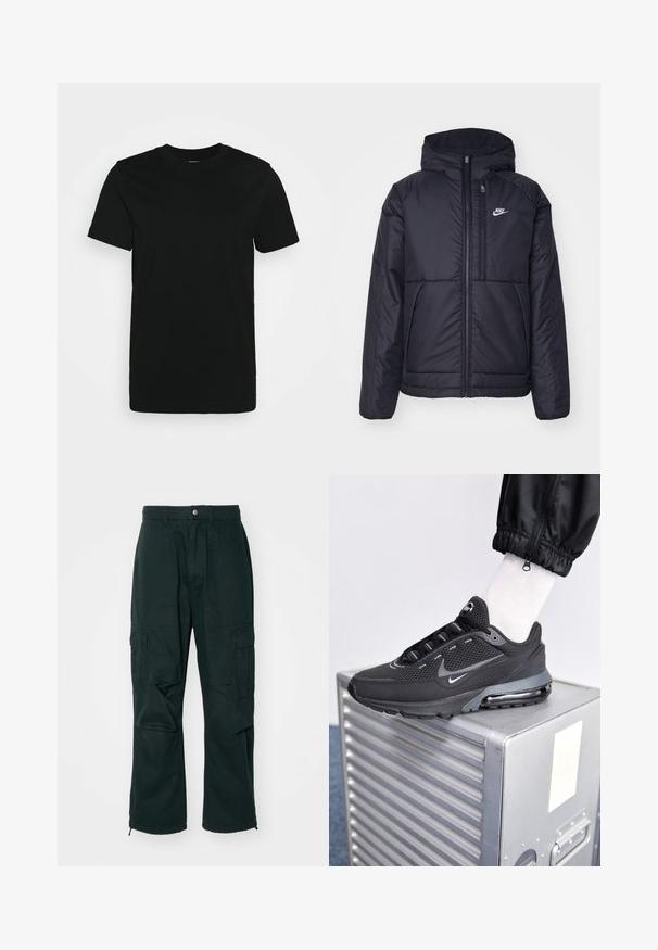 Černá zateplená bunda Nike s předním zipem a kapucí. Na levé straně hrudi má bílé logo a dvojité přední kapsy. Hladký povrch.; Černé tričko s krátkým rukávem vyrobené z hladké bavlněné tkaniny, s kulatým výstřihem a jednoduchým designem bez vzorů nebo akcentů.; Tmavě zelené cargo kalhoty vyrobené z odolné látky, s několika bočními kapsami, volným střihem a zipovými manžetami na kotnících.; Nike Sportswear PULSE - Tenisky - black/anthracite