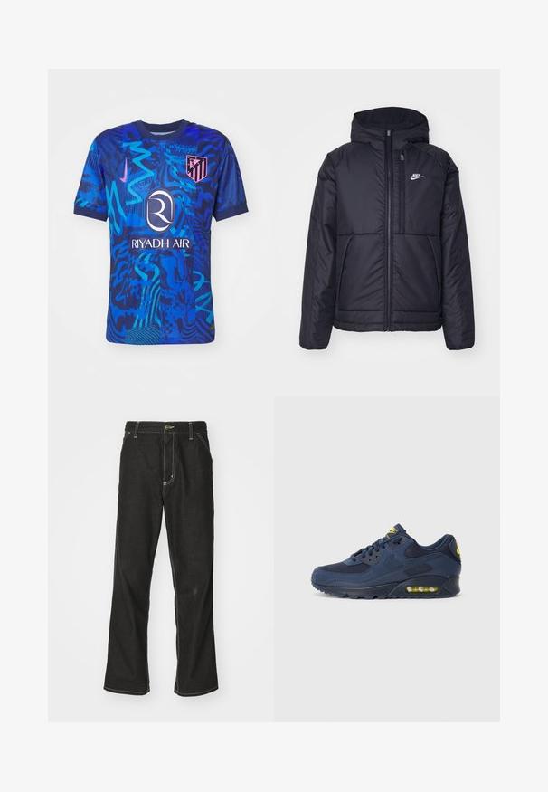 Casaco Nike preto, acolchoado, com fecho à frente e capuz. Apresenta um logo branco no lado esquerdo do peito e dois bolsos frontais. Textura exterior lisa.; Nike Performance ATLETICO MADRID M NK DF JSY STAD 3R - Roupa de discoteca - blue void/pink glow; Calças de ganga pretas de corte largo, com costuras brancas em contraste, fecho de botão e design de perna reta.; Tenis Nike Air Max azul marinho com parte superior em camurça e malha, com detalhes amarelos, fecho de atacadores na frente e amortecimento visível na sola.