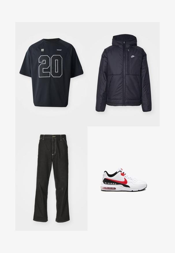 Zwarte, gewatteerde Nike-jas met een voorkant met ritssluiting en capuchon. Kenmerkt zich door een wit logo op de linkerborst en dubbele frontzakken. Gladde buitenkant.; Zwarte mesh sporttrui met een groot wit nummer "20" op de voorkant. Korte mouwen en een ronde halslijn, met logo-details.; Zwarte denim jeans met een losse pasvorm, voorzien van contrasterende witte stiksels, een knoopsluiting en een recht ontwerp.; Witte sportieve schoen met zwarte en rode accenten, voorzien van een bovenwerk van glad leer, vetersluiting aan de voorkant en zichtbare luchtkussens in de zool.