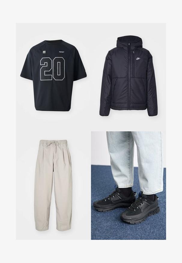 Jachetă Nike neagră, căptușită, cu fermoar pe față și glugă. Prezintă un logo alb pe pieptul stâng și două buzunare frontale. Textură exterioară netedă.; Tricou sportiv din plasă neagră, prezentând un număr alb mare "20" pe față. Mâneci scurte și guler rotund, cu detalii ale logo-ului.; Pantaloni bej, ușori, cu talie elastică și șnur. Prezintă pliseuri și o croială lejeră, realizată dintr-un material moale și neted.; Pantofi sport negri, cu țesătură texturată și tălpi din cauciuc, având șireturi elastice și un accent albastru pe toc. Purtați cu pantaloni din denim deschis.
