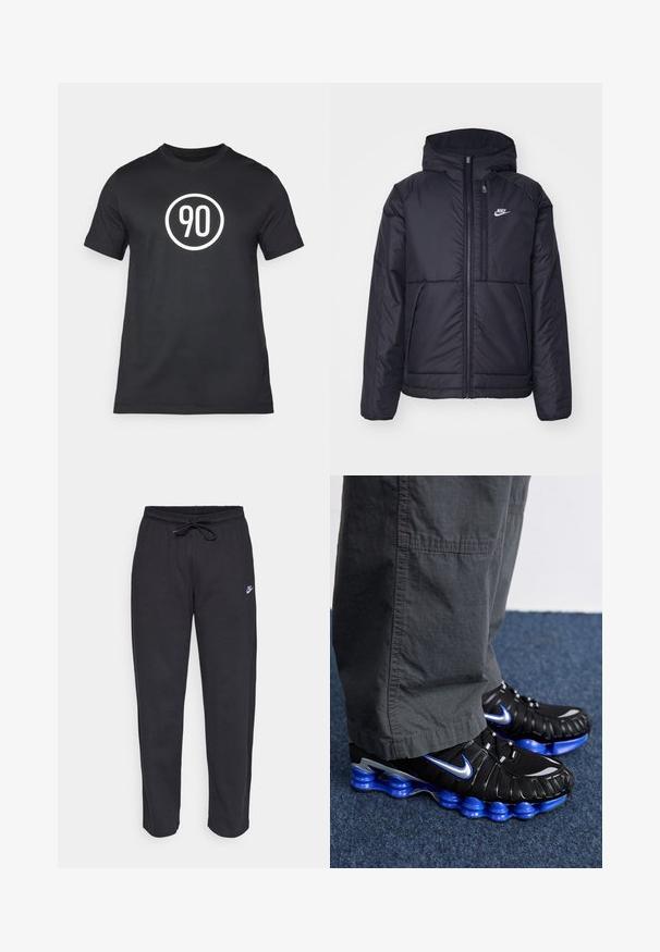 Jachetă Nike neagră, căptușită, cu fermoar pe față și glugă. Prezintă un logo alb pe pieptul stâng și două buzunare frontale. Textură exterioară netedă.; Tricou negru din bumbac cu un grafic circular alb, având în centru numărul "90". Design clasic cu gât rotund, cu mâneci scurte.; Pantaloni de trening negri dintr-un material moale, cu talie elastică, șnur de ajustare și un mic logo Nike pe coapsa stângă.; Pantofi sport negri cu accente albastre și argintii, având un superior texturat, un design îndrăzneț al tălpii și un sistem de șireturi. Amplasați pe un covor albastru.