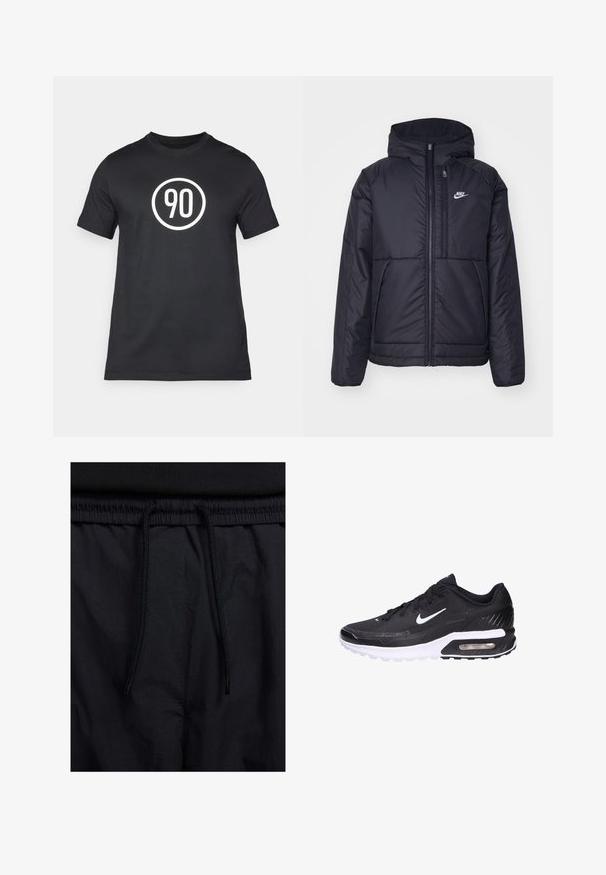 Zwarte, gewatteerde Nike-jas met een voorkant met ritssluiting en capuchon. Kenmerkt zich door een wit logo op de linkerborst en dubbele frontzakken. Gladde buitenkant.; Zwarte katoenen T-shirt met een witte ronde afbeelding met het nummer "90" in het midden. Klassiek ontwerp met ronde hals en korte mouwen.; Zwarte shorts met een drawstring tailleband, lichtgewicht stof met een zachte textuur en een eenvoudig ontwerp zonder zichtbare logo's of patronen.; Nike Air Max sneaker met een zwarte mesh bovenkant, een wit logo, een gevoerde zool en een doorzichtige luchtunit voor extra comfort.