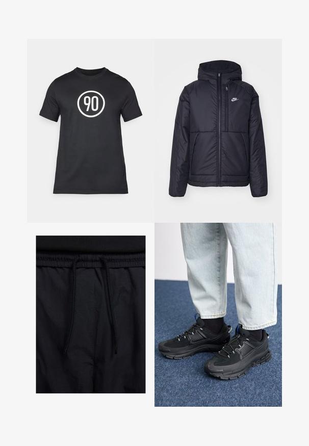 Veste Nike noire rembourrée avec une fermeture éclair sur le devant et une capuche. Elle présente un logo blanc sur la poitrine gauche et deux poches avant. Texture extérieure lisse.; T-shirt en coton noir avec un graphique circulaire blanc portant le numéro "90" au centre. Design classique avec col rond et manches courtes.; Shorts noirs avec un élastique à cordon de serrage, en tissu léger avec une texture lisse, et un design simple sans logos ni motifs visibles.; Des chaussures de sport noires avec un tissu texturé et des semelles en caoutchouc, dotées de lacets élastiques et d'un accent bleu au talon. Portées avec un pantalon en denim clair.