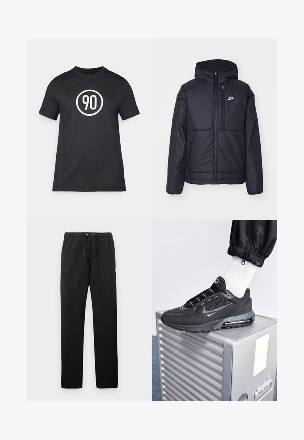 Schwarze, gepolsterte Nike-Jacke mit Frontreißverschluss und Kapuze. Hat ein weißes Logo auf der linken Brust und zwei Fronttaschen. Glattes äußeres Material.; Schwarzes Baumwoll-T-Shirt mit einem weißen kreisförmigen Grafikdesign, in dessen Mitte die Zahl "90" steht. Klassische Rundhalsform, kurze Ärmel.; Schwarze Sweatpants aus Fleece, mit einem elastischen Bund mit Kordelzug, zwei Fronttaschen und einem kleinen Logo auf dem Oberschenkel.; Nike Sportswear PULSE - Sneaker low - black/anthracite