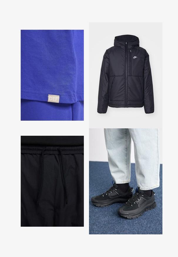 Črna, podložena Nike jakna z sprednjim zadrgo in kapuco. Ima bel logo na levem prsnem delu in dvojna sprednja žepa. Gladka zunanja tekstura.; Modra bombažna majica z gladko teksturo, kratkimi rokavi in pravokotno tkaninsko etiketo z besedilom "DEF" blizu roba.; Črne kratke hlače z vrvico v pasu, lahkotna tkanina z gladko teksturo in preprosto zasnovo brez vidnih logotipov ali vzorcev.; Črne športne čevlje z teksturirano tkanino in gumijastimi podplati, ki imajo elastične vezalke ter modre poudarke na peti. Nosi se z lahkimi denim hlačami.