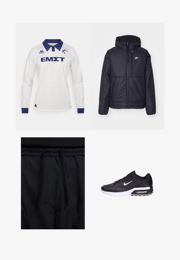 Zwarte, gewatteerde Nike-jas met een voorkant met ritssluiting en capuchon. Kenmerkt zich door een wit logo op de linkerborst en dubbele frontzakken. Gladde buitenkant.; Wit sportshirt met lange mouwen, voorzien van een marineblauwe kraag en manchetten, met blauwe branding en tekst op de voorkant. Gemaakt van gestructureerde stof.; Zwarte shorts met een drawstring tailleband, lichtgewicht stof met een zachte textuur en een eenvoudig ontwerp zonder zichtbare logo's of patronen.; Nike Air Max sneaker met een zwarte mesh bovenkant, een wit logo, een gevoerde zool en een doorzichtige luchtunit voor extra comfort.
