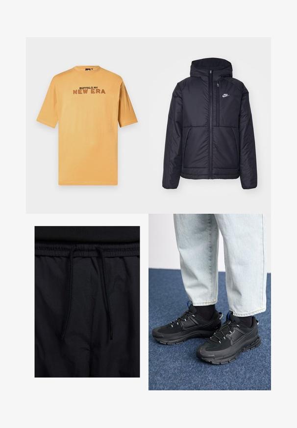 Juodas, paminkštintas Nike džemperis su priekyje užtrauktuku ir gobtuvu. Pasižymi balta logo kairėje krūtinės pusėje ir dviem priekinėmis kišenėmis. Su lygiu išoriniu paviršiumi.; Šviesiai oranžinė medvilninė marškinėliai trumpomis rankovėmis, su juoda ir raudona „BUFFALO.NY NEW ERA“ užrašu per krūtinę. Klasikinio įgulos kaklo dizainas.; Juodos šortai su raišteliu juosmens srityje, lengva medžiaga su lygiu paviršiumi ir paprastas dizainas be matomų logotipų ar raštų.; Juodi sportiniai bateliai su tekstūruota medžiaga ir guminiais padais, su elastingomis raišteliais ir mėlynu akcentu ant kulno. Dėvimi su šviesiai mėlynomis džinsinėmis kelnėmis.