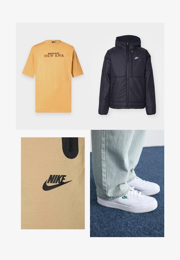 Casaco Nike preto, acolchoado, com fecho à frente e capuz. Apresenta um logo branco no lado esquerdo do peito e dois bolsos frontais. Textura exterior lisa.; T-shirt de manga curta em algodão laranja claro, com o texto preto e vermelho "BUFFALO.NY NEW ERA" na parte frontal. Design de gola redonda clássica.; Tecido em bege da Nike com uma textura suave, apresentando um design de logótipo preto em destaque. Inclui um pequeno fecho éclair preto na parte superior.; Tênis de couro brancos com logo verde da Nike, bico redondo, sola plana, combinados com calças de denim azul claro, exibidos sobre um tapete azul.